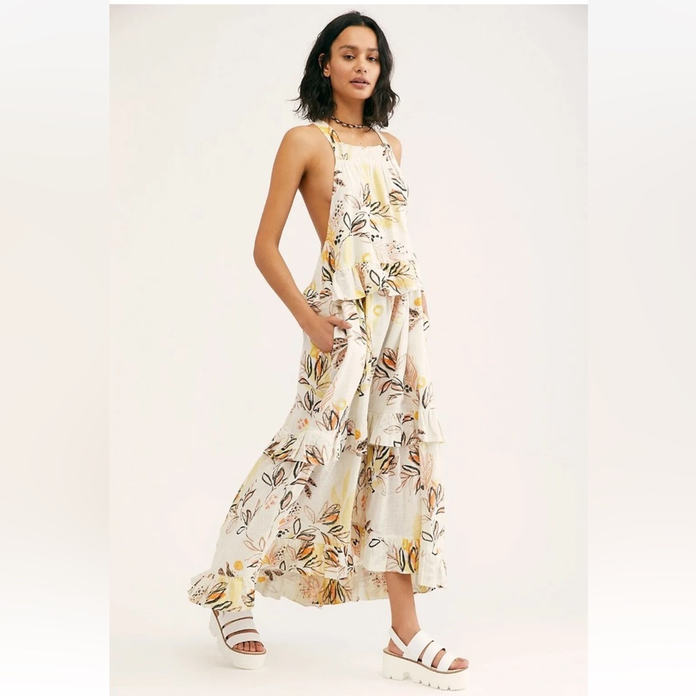 Free People Yellow Leaf Watercolor Cotton Gauze Anita Tiered Maxi Halter Size S